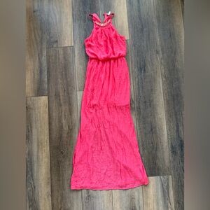 Lily Rose dark Pink Maxi Dress & leopard print hi low strapless dress XS gold ac